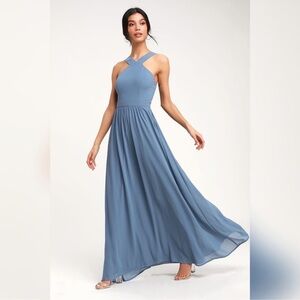 Lulus Air of Romance Slate Blue Maxi Dress Large Bridesmaid Bridal Wedding Prom